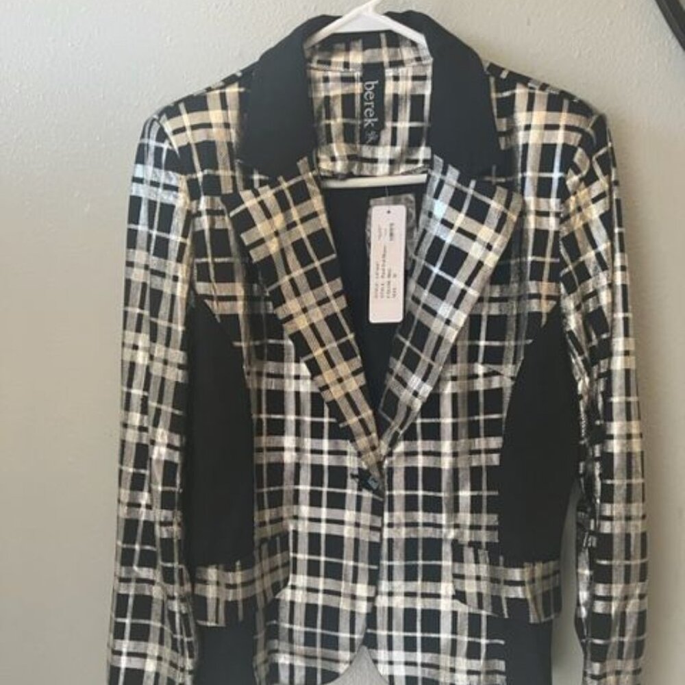 Berek‎ Women's Plaid Blazer Jacket Metallic Black & gold elegant formal jacket